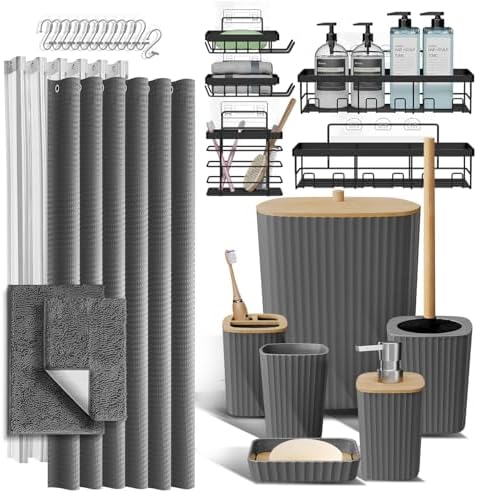 Clara Clark Bathroom Accessories Set - 27PC Bathroom Set with Adhesive Corner Shower Caddy Hanging, Bathroom Sets with Shower Curtain and Rugs, Grey Shower Curtain Set with Bathroom Trash Can