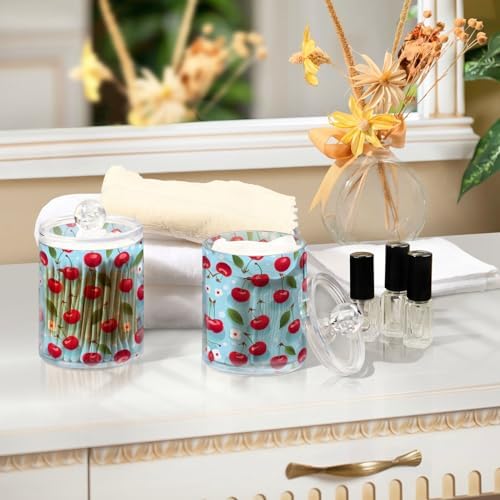 MNSRUU 2 Pack Qtip Holder Organizer Dispenser Cherries and Flowers Pink Bathroom Storage Canister Cotton Ball Holder Bathroom Containers for Cotton Swabs/Pads/Floss