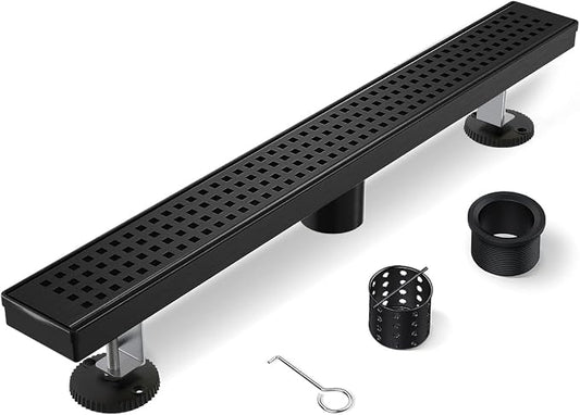 Shower Drain, 28 Inch Black Linear Shower Drain with Removable Square Hole Cover Grate, Modern 304 Stainless Steel Matte Black Shower Floor Drain with Adjustable Feet,Hair Filter