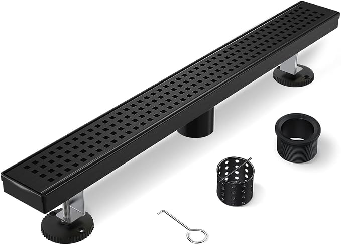 Linear Shower Drain, 48 Inch Black Shower Drain with Removable Square Hole Cover Grate, Modern 304 Stainless Steel Matte Black Shower Floor Drain with Adjustable Feet,Hair Filter