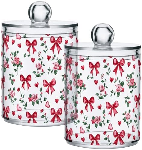 Gredecor 2 Pack Qtip Holder Clear Bows Ribbon Rose Apothecary Jars with Lids Acrylic Bathroom Jars Vanity Countertop Canister Storage Organizer for Cotton Ball,Swabs,Pads,Floss