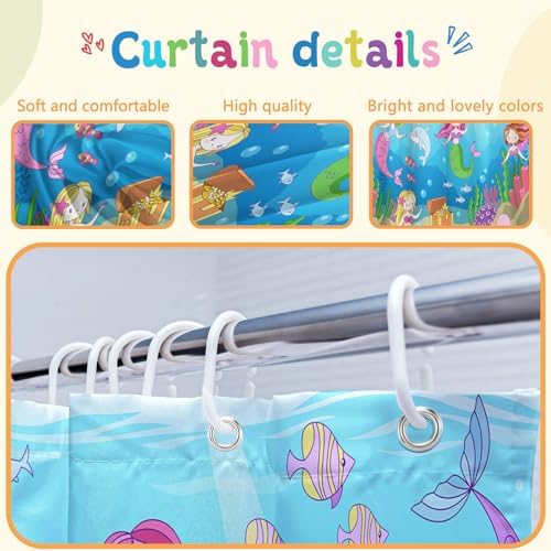 4 Pcs Mermaid Bathroom Set Sea Ocean Shower Curtain Sets with Non-Slip Rugs Toilet Lid Cover and Bath Mat Set, Kids Girl Bathroom Decor with 12 Hooks