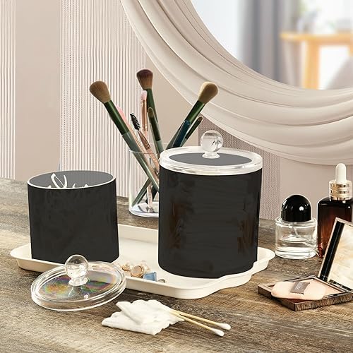 Gredecor Black Apothecary Jars with Lids for Bathroom & Kitchen Organization Containers Acrylic Plastic Organizers Great for Q-Tip Cotton Swabs, Jewelry, Food & Candy Storage, Set of 2 Sizes