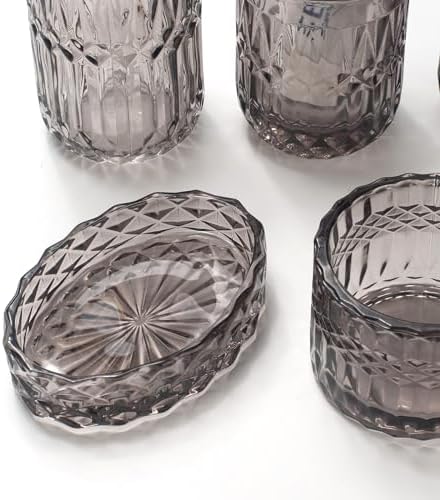 IVAILEX 5PCS Grey Glass Bathroom Accessories Sets of Lotion Dispenser, Soap Dish, Toothbrush Holder, Tumbler, Cotton Swab Jars, Modern Bath Decor, Vintage Gift