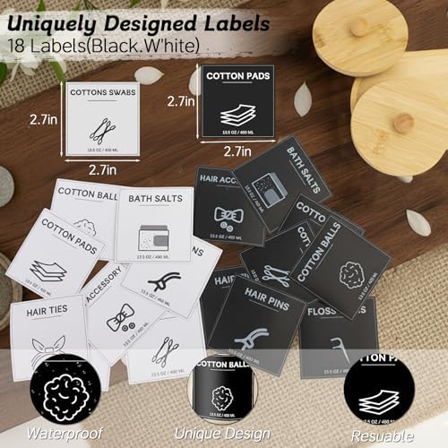 3Pack Glass Qtip Holder with Bamboo Tray, Cotton Ball Holder, 13.5 oz Apothecary Jars Bathroom Canisters with Lids, Bathroom Jars for Floss Picks, Cotton Swabs, Balls, Pads (Frosted)