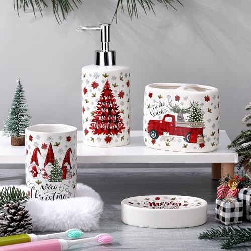 4 Pcs Christmas Ceramic Bathroom Accessories Gifts Xmas Bath Tumbler Xmas Tree Soap Dispenser Toothbrush Holder Soap Tray Merry Christmas Bathroom Decorations(Red and Black Plaid)