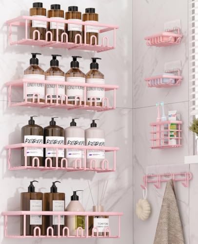 8 Pack Adhesive Rustproof Shower Caddy with Soap Dishes, Toothbrush Holder & Hooks, Large Capacity No-Drilling Shower Shelves Rack for Bathroom Organizers and Storage Accessories, Pink