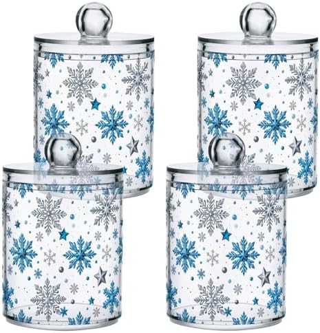 Gredecor Christmas Winter Qtip Holder Dispenser 2 Pack Silver Blue Glitter Snowflakes Bathroom Decorative Storage Canister Holder Counter Vanity Organizer for Cotton Ball Swabs Pads Floss