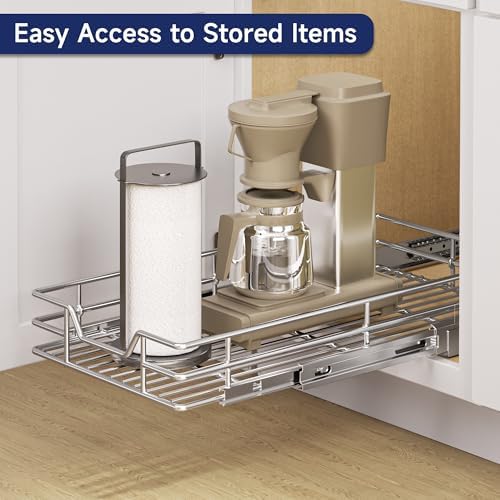 Pull Out Cabinet Organizer, 11.5" W x 21.5" D, Heavy Duty Chrome Slide Out Shelf for Narrow Base Cabinets, Sliding Wire Basket Drawer for Spices, Bottles, Snacks & Cleaning Supplies