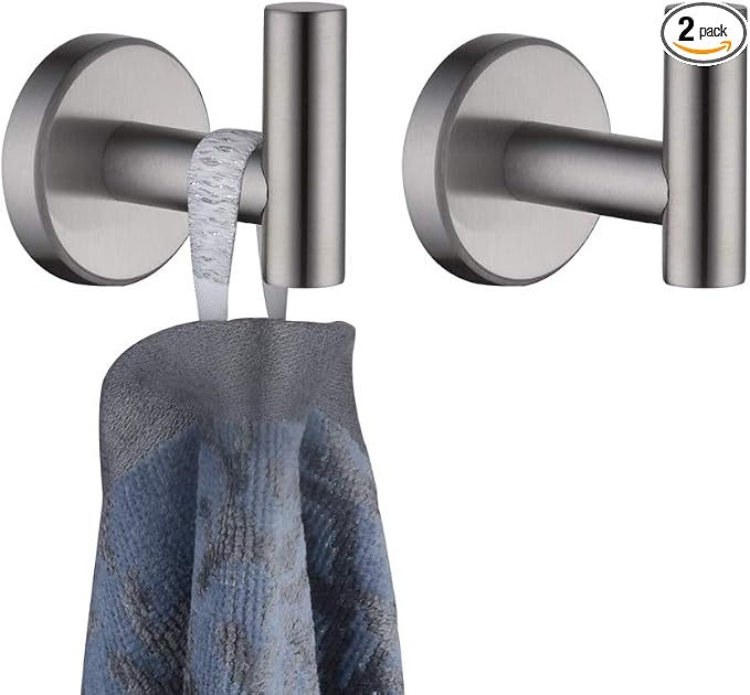 JQK Bathroom Towel Hook Brushed, Coat Robe Clothes Bath Wall Hooks for Kitchen Garage SUS 304 Stainless Steel Thick 0.8mm, 2 Pack Brushed Steel, TH100-BN-P2