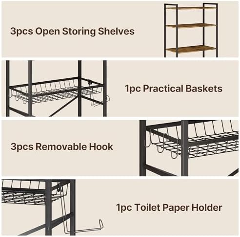 Gizoon Over-The-Toilet Storage Rack with Adjustable Shelf and Basket, 4-Tier Freestanding Space Saver Bathroom Shelves Above Toilet for Room