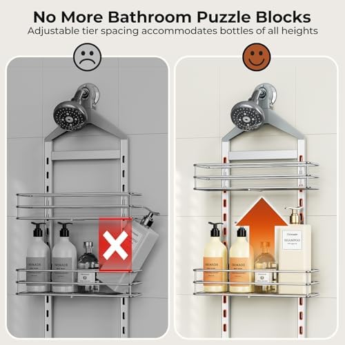 Orimade Aluminum Hanging Shower Caddy Over Head, Adjustable Anti-Slip Bathroom Shelves with Hooks, Rustproof Shower Organizer Storage Rack, Silver 3 Tier