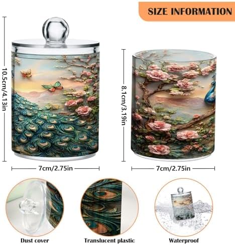 ALAZA Peacock Butterfly Peony 4 Pack Qtip Holder Dispenser for Cotton Swabs, Balls, Pads, Floss 10 oz Plastic Canister Organizer