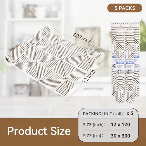 FIFTY FEET 12"x120" Non-Adhesive Shelf Liner for Kitchen Cabinets and Drawers, Washable Non-Slip PVC Cabinet Liner (Brown Modern)(5 Roll)