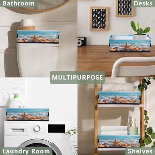 Storage Basket Set of 2 Beach Starfish Seashell Small Baskets for Organizing Fabric Storage Baskets with Handles for Shelves Bathroom Toilet Tank Top