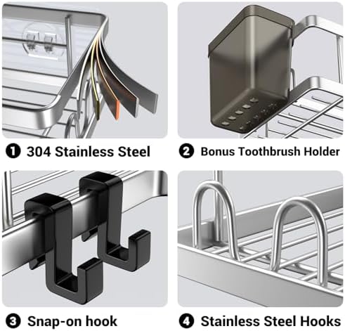 AKTECKE Corner Shower Caddy Shelf Rack: 2 Pack Adhesive Shower Organizer Essentials - No Drilling Stainless Steel Bathroom Storage Rack with Hooks and Toothpaste Holder