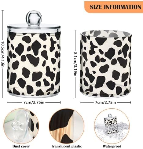 2 Pack Qtip Holder Organizer Dispenser Black Cow Skin Print Bathroom Storage Canister Cotton Ball Holder Container for Cotton Pads/Swabs/Floss