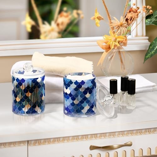 MNSRUU 4 Pack Qtip Holder Organizer Dispenser Blue Fish Scales Bathroom Storage Canister Cotton Ball Holder Bathroom Containers for Cotton Swabs/Pads/Floss