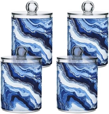 MNSRUU 4 Pack Qtip Holder Organizer Dispenser Blue Marbling Bathroom Containers Bathroom Vanity Storage Canister Apothecary Jars for Cotton Swabs/Pads/Floss