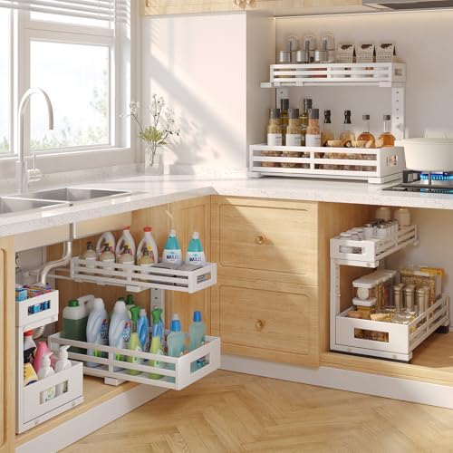 2-Pack 17"Deep Under Sink Organizer And Storage, 2-Tier L-Shaped Pull Out Cabinet Organizer with Upgraded Slide Rails, Height Adjustable Drawers for Kitchen&Bathroom, Extra-Large Storage Shelves–Gray