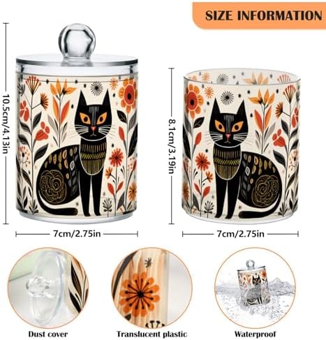 MNSRUU 2 Pack Qtip Holder Organizer Dispenser Black Cat Flowers Pink Bathroom Storage Canister Cotton Ball Holder Bathroom Containers for Cotton Swabs/Pads/Floss