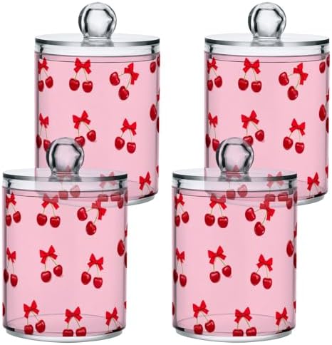 DOMIKING Bow Cherry Fruit Pink 2 Pack Cotton Swab Holder Dispenser Plastic Jar Bathroom Storage Canister Acrylic Containers for Cotton Ball Swab Round Pads