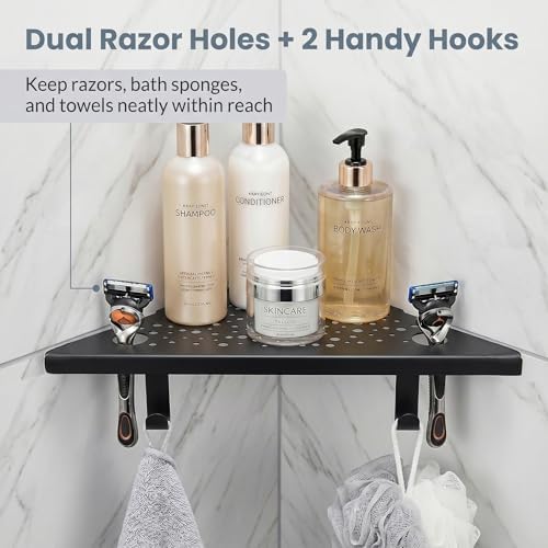 HIDROP Matte Black Corner Shower Shelves with Hooks and Razor Holes, 2 Pack