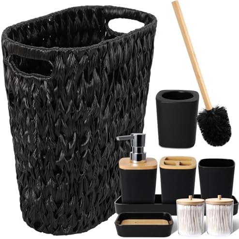 XLHOMO Black Bathroom Accessories Set with Wicker Trash Can, Black Bathroom Accessories Set Bathroom Sets Small Waste Basket Bathroom Trash Can for Bedroom Bathroom