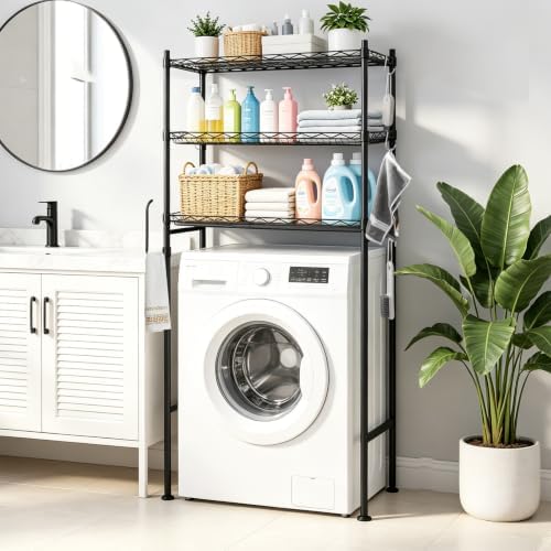 Over The Toilet Storage Shelf, 3-Tier Adjustable Bathroom Organizer with Toilet Paper Holder & Hooks, Metal Space Saver Rack Above Toilet for Bathroom, Kitchen, Black (3-Tier Black)