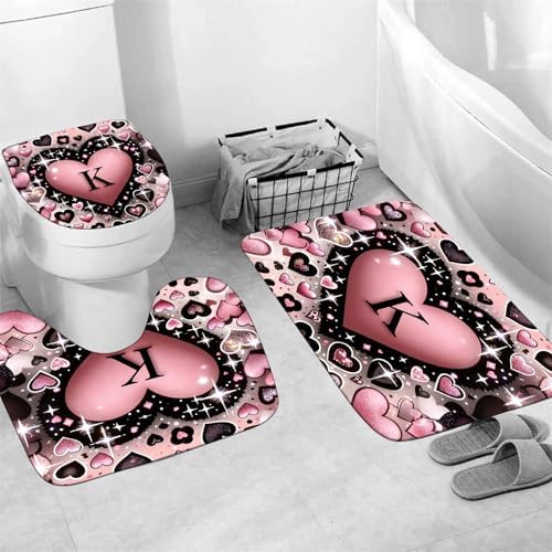 AZHM 4pcs Shower Curtain Set K Heart Print Bathroom Sets with Rugs 71*71 in