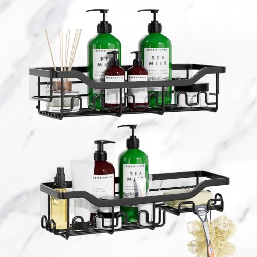 Shower Caddy Adhesive Bathroom Shelf, 2-Pack Rustproof Shower Organizer with Soap Holder, Wall Mounted Shelves for Large Storage with 16 Hooks