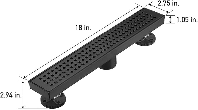 AVSIILE Linear Shower Floor Drain, Matte Black 18 Inch 304 Stainless Steel Bathroom Drains Kit, Long Rectangular Shower Trench Drain with Square Pattern Drain Cover & Hair Catcher