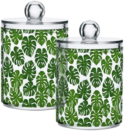 ALAZA 4pcs Monstera Leaf Palm Green White Qtip Holder Dispenser 14 oz Bathroom Storage Clear Apothecary Jars Containers Cotton Ball,Cotton Rounds,Floss Picks, Hair Clips, Food