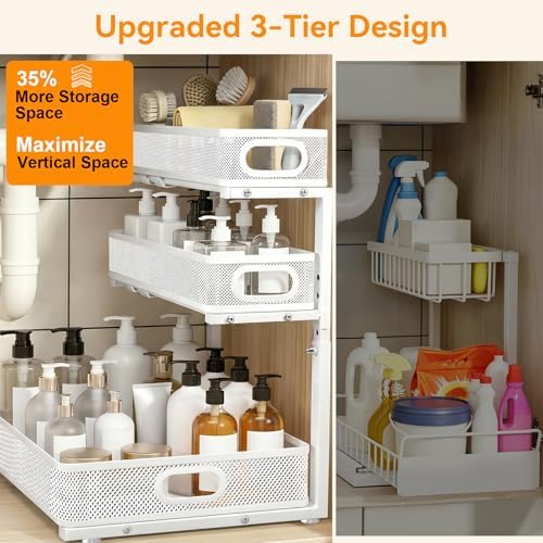 3 Tier Adjustable Under Sink Organizer for Bathroom & Kitchen(2Pack, White)