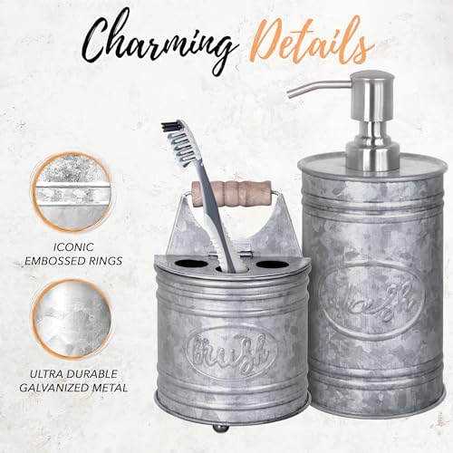 Autumn Alley Rustic Bathroom Accessories Set - Farmhouse Bathroom Soap Dispenser and Toothbrush Holder Set - Western Bathroom Accessories, Farmhouse Decor for Bathroom Countertop, Galvanized Grey