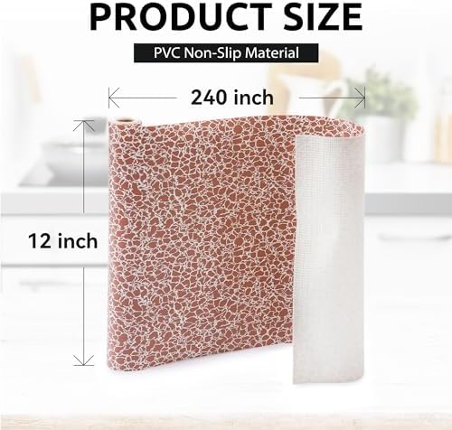 FIFTY FEET 12X240 Inch Shelf Liner with Scissor & Tape Measure for Kitchen Cabinets, PVC Drawer Liner for Dresser Non-Slip Bathroom, Non-Adhesive Cabinet Liner Washable (Brown Crack)