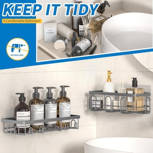 DTUQYX Shower Caddy 9 Pack,Adhesive Organizer for Bathroom Decor Accessories & Kitchen Storage,No Drilling,Large Capacity,Rustproof Stainless Steel Organizer,Home Decor Shelves (Grey 18 Pack)