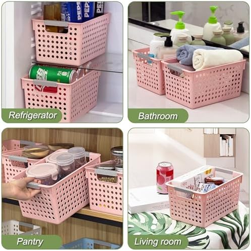 Soddeph 4 Pack Plastic Storage Basket with Handles, Small Deep Organizer Bin with Hollow Design for Under Counter, Shelf, Closet, Kitchen or Bathroom (Pink, Small)