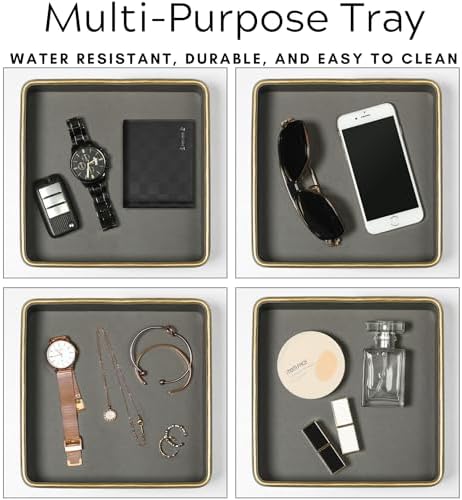 Gray Nightstand Bedside Organizer Tray|Key Bowl for Entryway Table| Bowl for Keys and Wallet Catch All|Small Leather Valet Tray Desk Organizer|EDC Trinket Catchall Key Holder Bowl|Key Basket or Dish