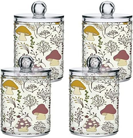 2 Pack Mushroom Qtip Holder Dispenser with Lid 14 oz Clear Plastic Apothecary Jar Set for Bathroom Vanity Organizers Storage Containers