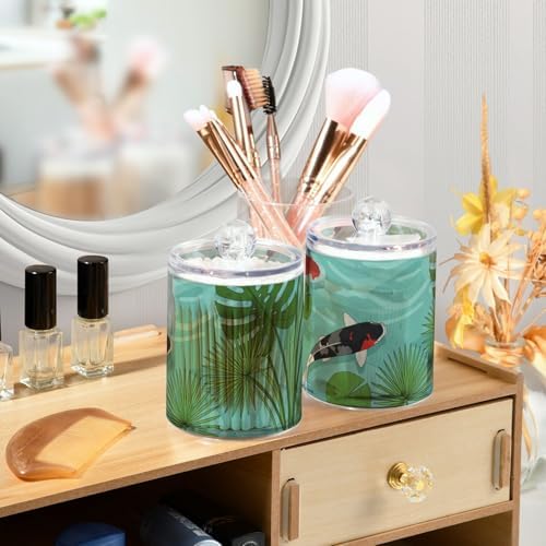 MNSRUU 2 Pack Qtip Holder Organizer Dispenser Watercolor Koi and Lotus Bathroom Storage Canister Cotton Ball Holder Bathroom Containers for Cotton Swabs/Pads/Floss