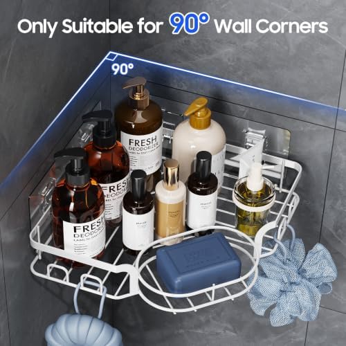 Corner Shower Caddy, Rustproof Shower Organizer with Soap Holder and 8 Hooks, No Drilling Adhesive Shower Shelves for Inside Shower, Large Capacity Shower Rack for Bathroom Shower Storage, White