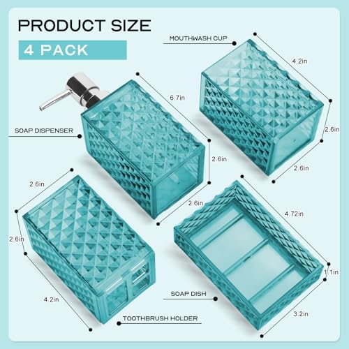 Bathroom Accessory Set, Grid Pattern 4 Pcs Plastic Bathroom Set, Teal Blue