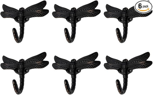 6 pcs Oil Rubbed Bronze Dragonfly Decorative Wall Hooks for Hanging Coats, Keys, Towels, Bags, and More