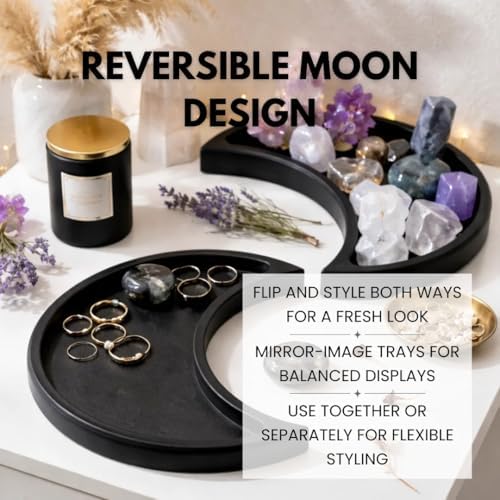 Black Moon Crystal Display Tray - Gothic Wooden Altar Tray 10.5" x 5" for Crystals and Stones Storage - Solid Wood Jewelry Organizer Dish - Spiritual Decor