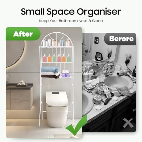 mignonnememe Over The Toilet Storage Cabinet 3-Tier Metal Freestanding Over The Toilet Shelf Bathroom Organizers and Storage for Small Space White 24.8" x 13.39" x 69.69"