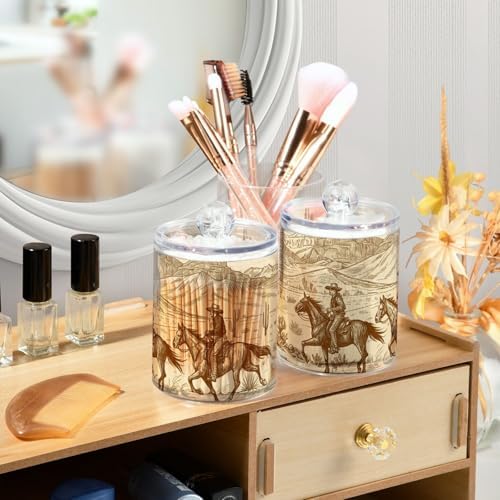 Apothecary Jars Bathroom Storage Organizer with Lid - 14 oz Qtip Holder Dispenser, Western Desert Cowboy Clear Plastic Canister for Cotton Swab, Cotton Ball, 2PCS