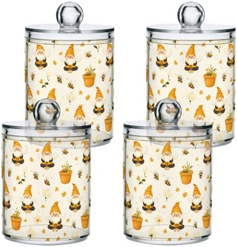 Gredecor Qtip Holder Dispenser 4 Pack Gnome Bees Flying Dwarf Daisy Apothecary Jars with Lids Bathroom Vanity Countertop Canister Storage Organizer for Cotton Ball,Swabs,Pads,Floss