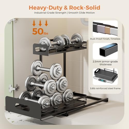 Delamu 2 Pack Metal Bathroom Organizers and Storage, 2 Tier Pull Out Under Sink Organizer for Kitchen Bathroom, Adjustable Under Sink Shelf for Multipurpose Cabinet Organizer, Black