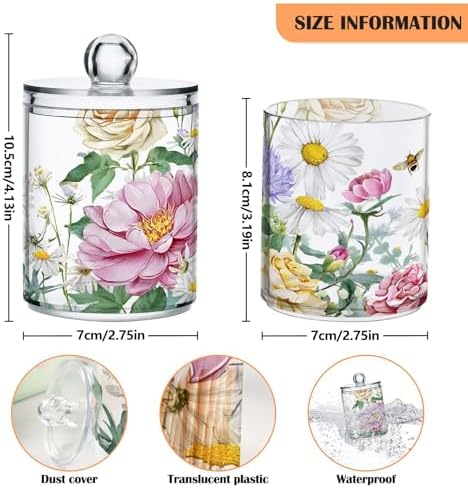 Flower Plastic Jars Cotton Swabs Cans, Spring Flower Garden Bathroom Canisters Storage Organizer with Lids 2PCs Set for Cotton Ball, flossers, Hair Bands